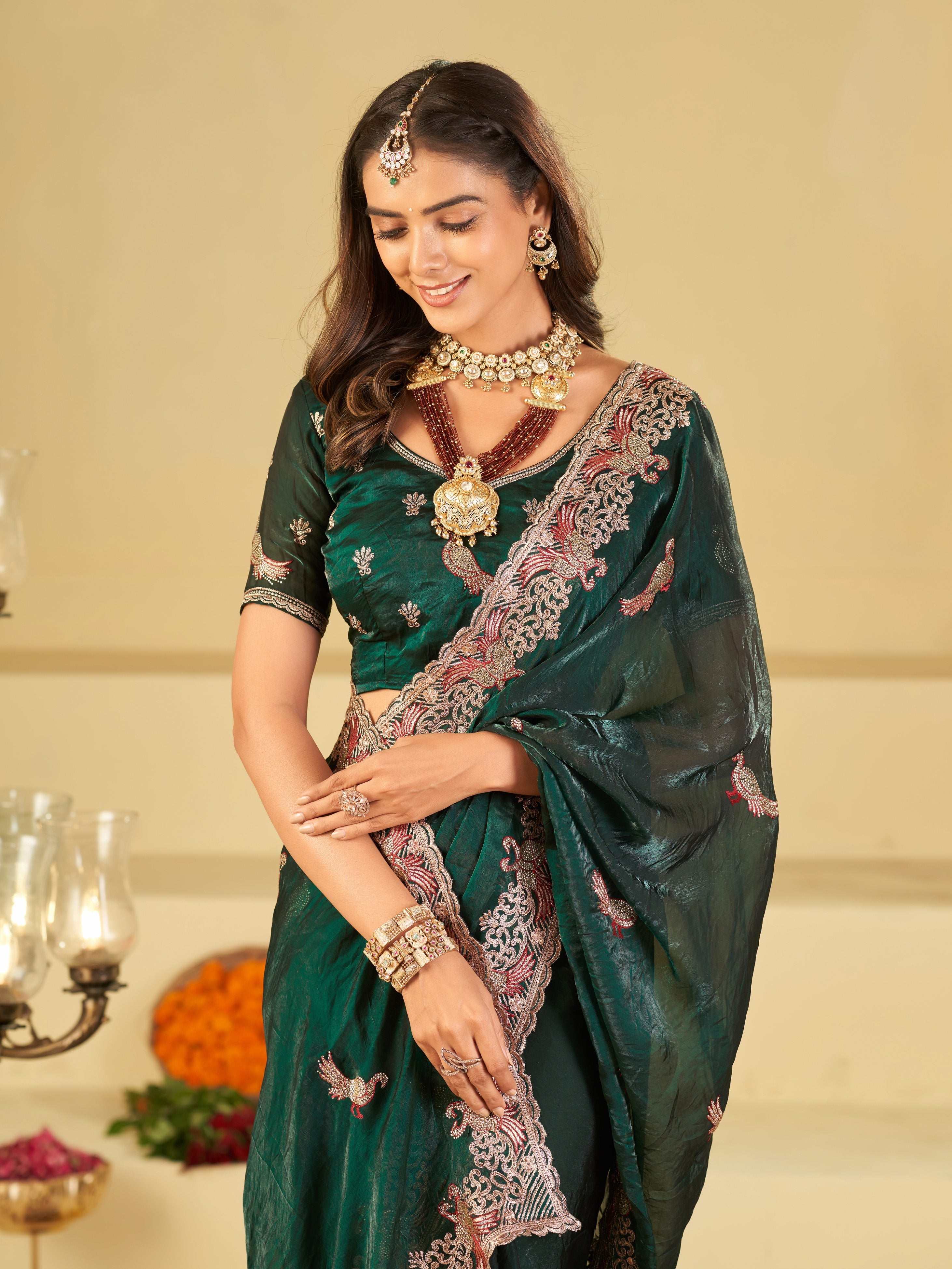 Emerald Green Designer Fendy Satin Saree with Peacock Embroidery & Heavy Embroidered Border | Premium Festive Party Wear Saree