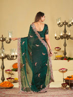 Emerald Green Designer Fendy Satin Saree with Peacock Embroidery & Heavy Embroidered Border | Premium Festive Party Wear Saree