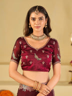 Maroon Designer Fendy Satin Saree with Peacock Embroidery & Heavy Embroidered Border | Premium Festive Wedding Wear Saree