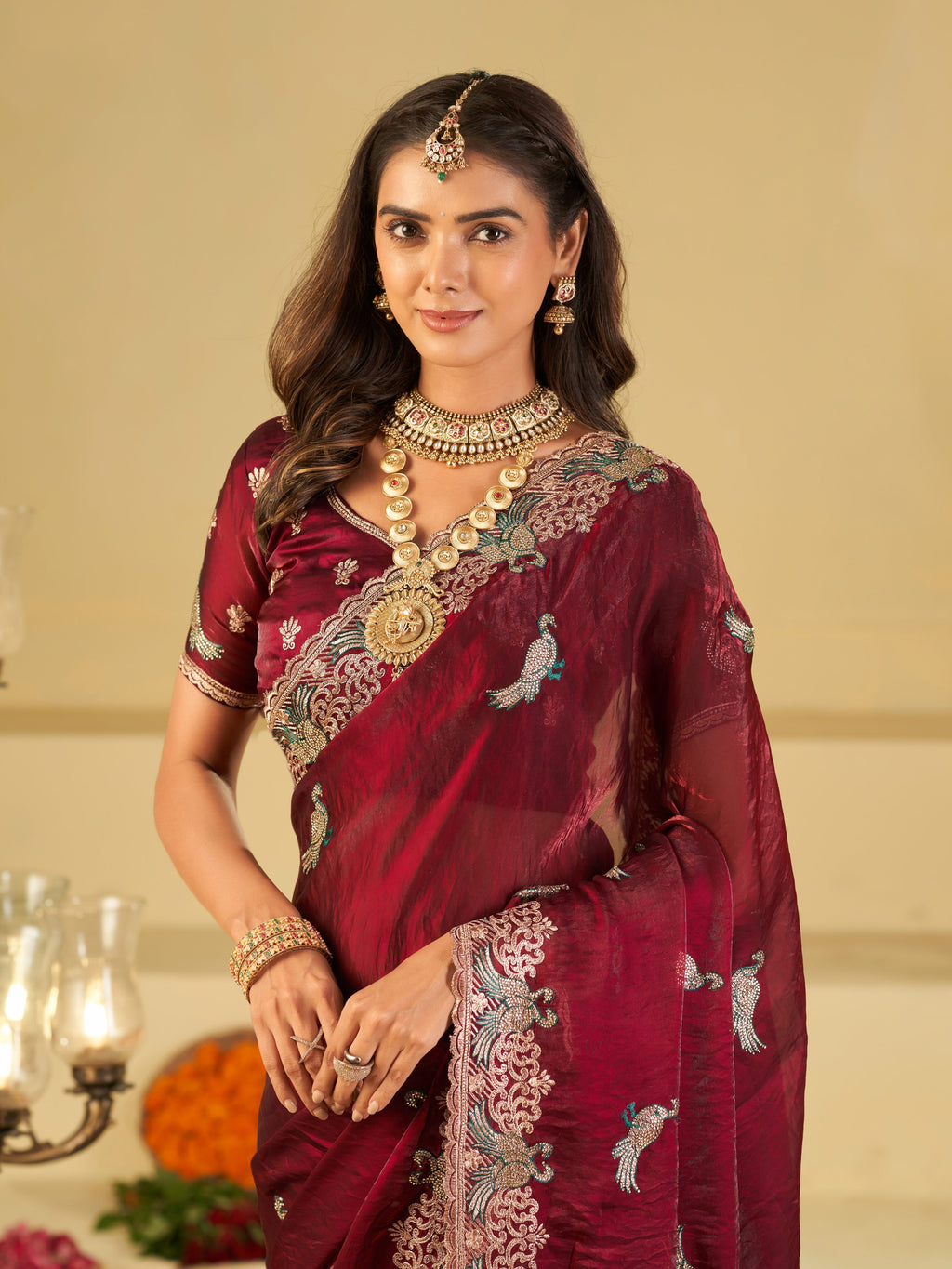 Maroon Designer Fendy Satin Saree with Peacock Embroidery & Heavy Embroidered Border | Premium Festive Wedding Wear Saree