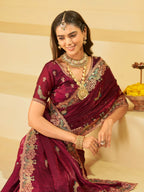 Maroon Designer Fendy Satin Saree with Peacock Embroidery & Heavy Embroidered Border | Premium Festive Wedding Wear Saree