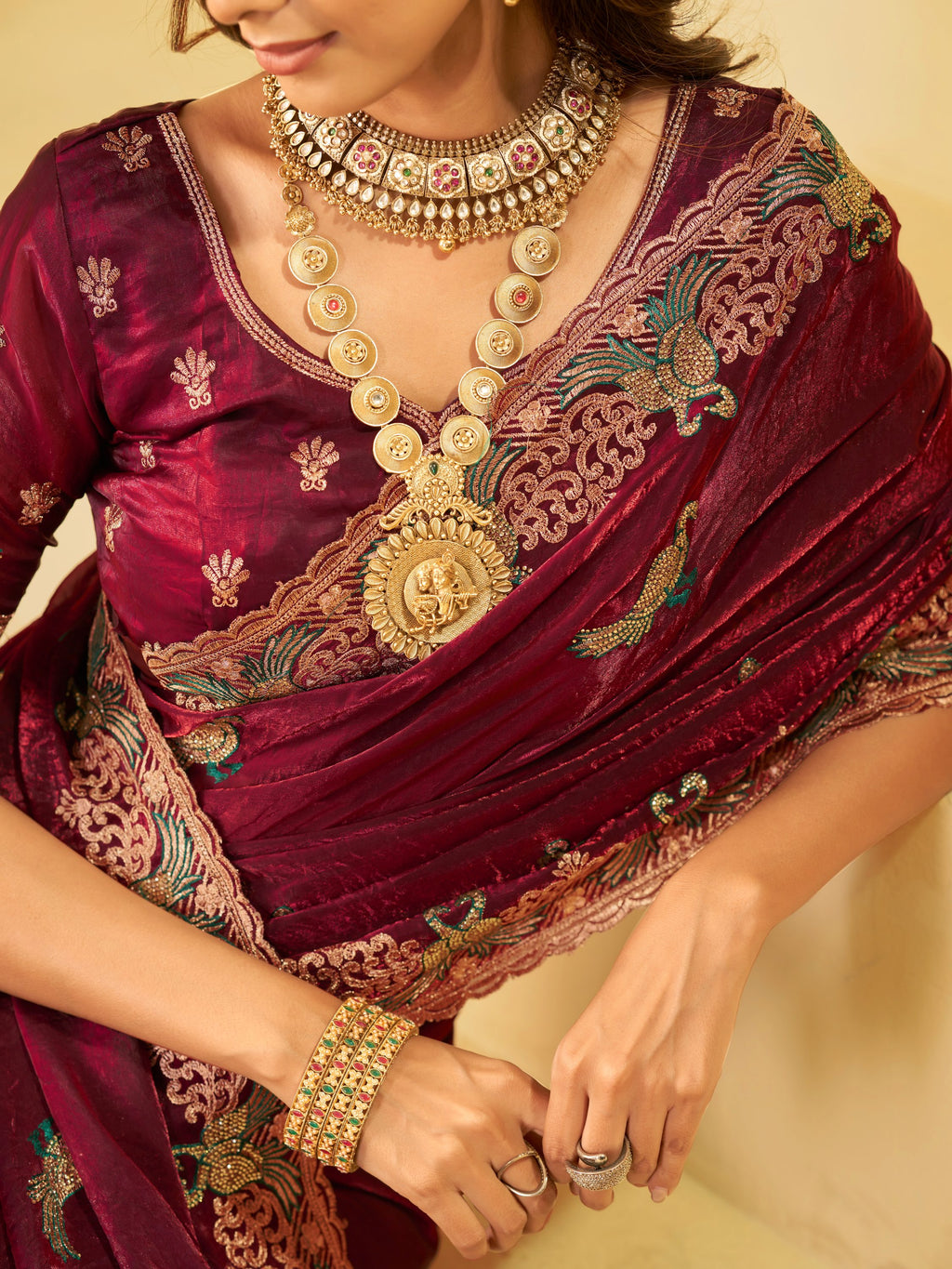 Maroon Designer Fendy Satin Saree with Peacock Embroidery & Heavy Embroidered Border | Premium Festive Wedding Wear Saree
