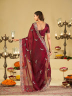 Maroon Designer Fendy Satin Saree with Peacock Embroidery & Heavy Embroidered Border | Premium Festive Wedding Wear Saree