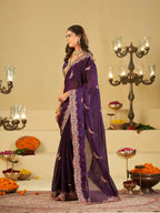 Royal Purple Designer Fendy Satin Saree with Peacock Embroidery & Heavy Embroidered Border | Premium Wedding Party Wear Saree