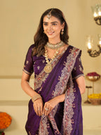 Royal Purple Designer Fendy Satin Saree with Peacock Embroidery & Heavy Embroidered Border | Premium Wedding Party Wear Saree