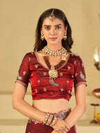 Wine Red Designer Fendy Satin Saree with Peacock Embroidery & Heavy Floral Embroidered Border | Premium Wedding Festive Wear Saree
