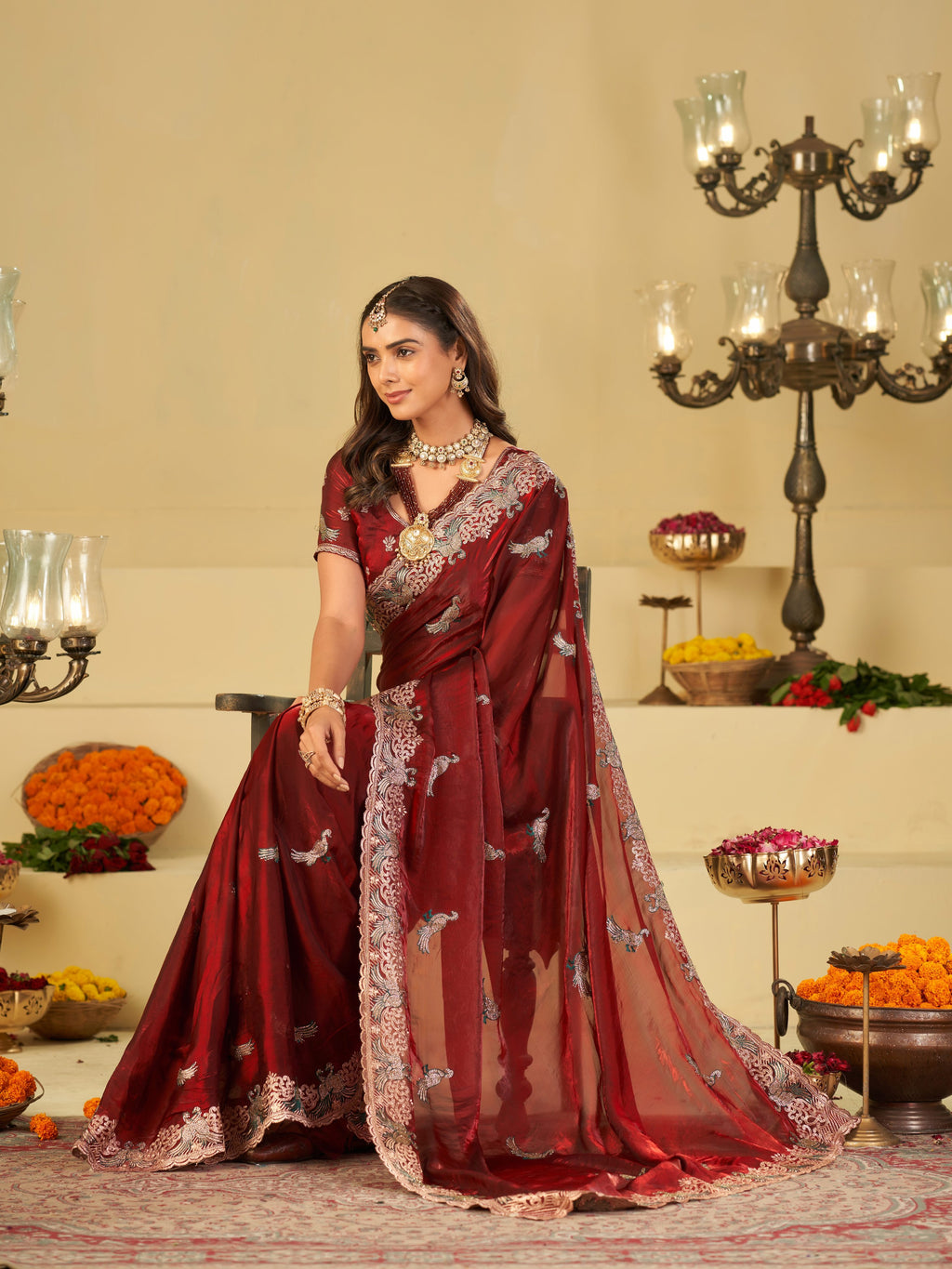 Wine Red Designer Fendy Satin Saree with Peacock Embroidery & Heavy Floral Embroidered Border | Premium Wedding Festive Wear Saree