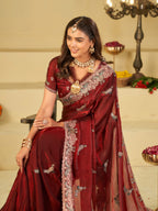 Wine Red Designer Fendy Satin Saree with Peacock Embroidery & Heavy Floral Embroidered Border | Premium Wedding Festive Wear Saree