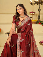 Wine Red Designer Fendy Satin Saree with Peacock Embroidery & Heavy Floral Embroidered Border | Premium Wedding Festive Wear Saree