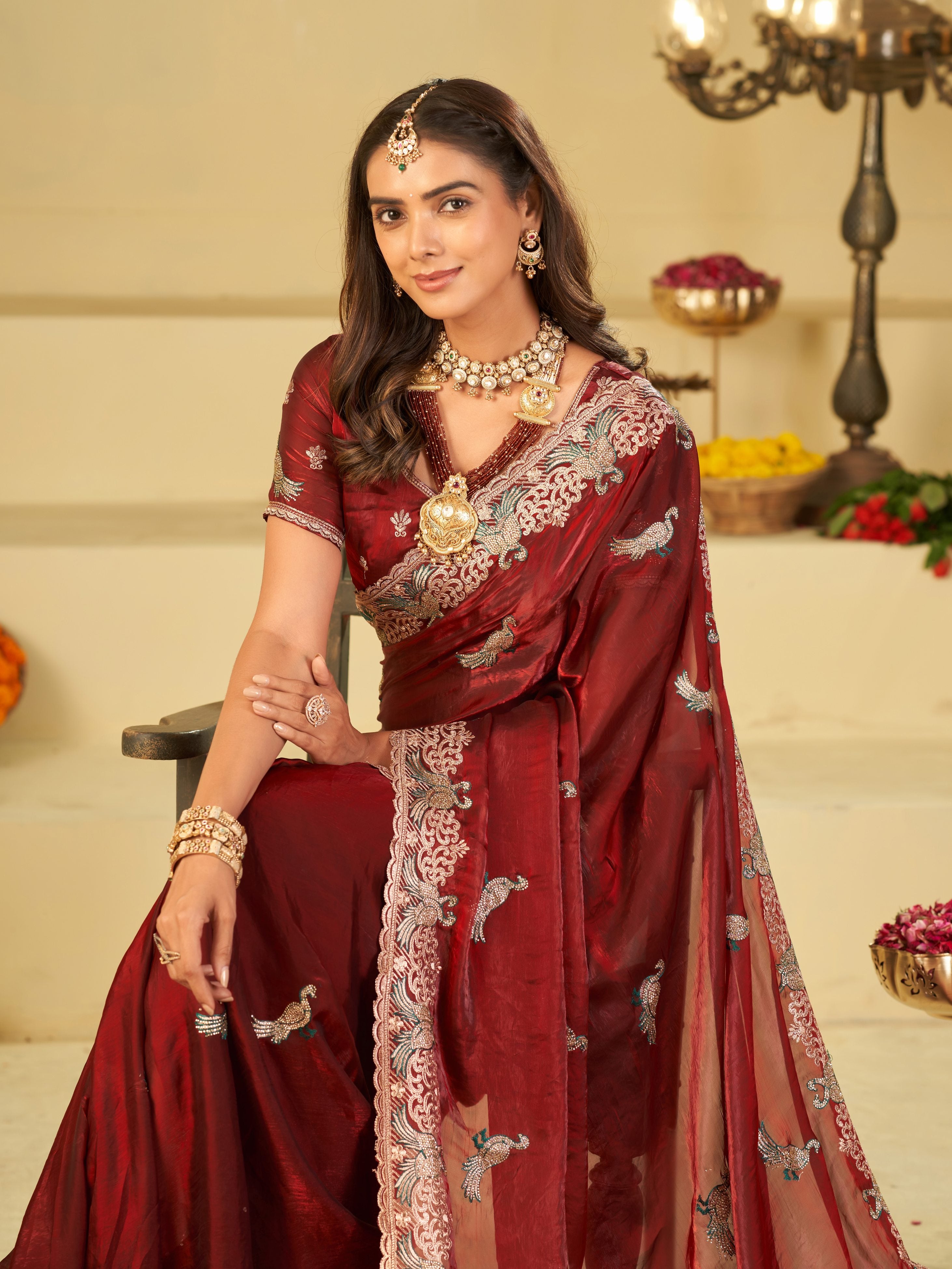 Wine Red Designer Fendy Satin Saree with Peacock Embroidery & Heavy Floral Embroidered Border | Premium Wedding Festive Wear Saree