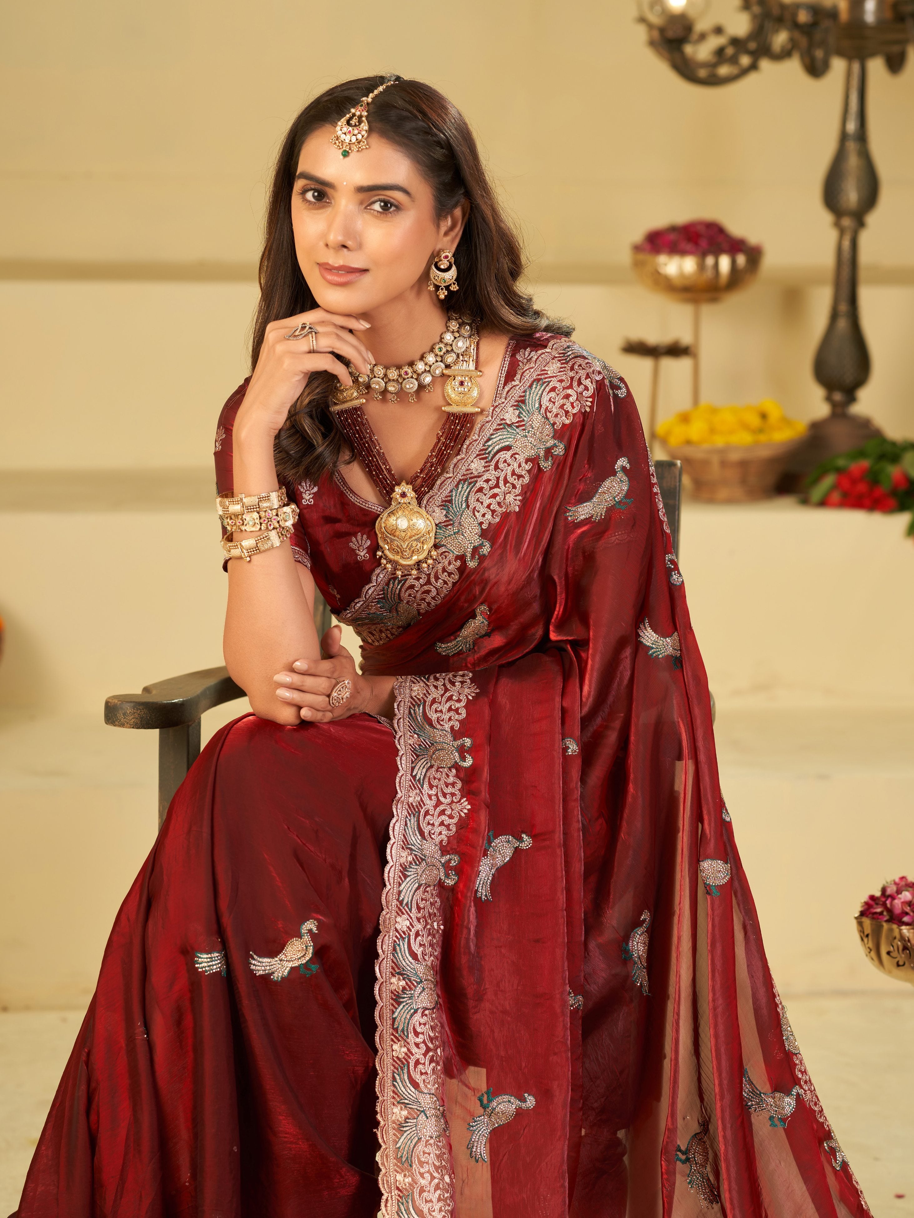Wine Red Designer Fendy Satin Saree with Peacock Embroidery & Heavy Floral Embroidered Border | Premium Wedding Festive Wear Saree