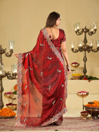 Wine Red Designer Fendy Satin Saree with Peacock Embroidery & Heavy Floral Embroidered Border | Premium Wedding Festive Wear Saree