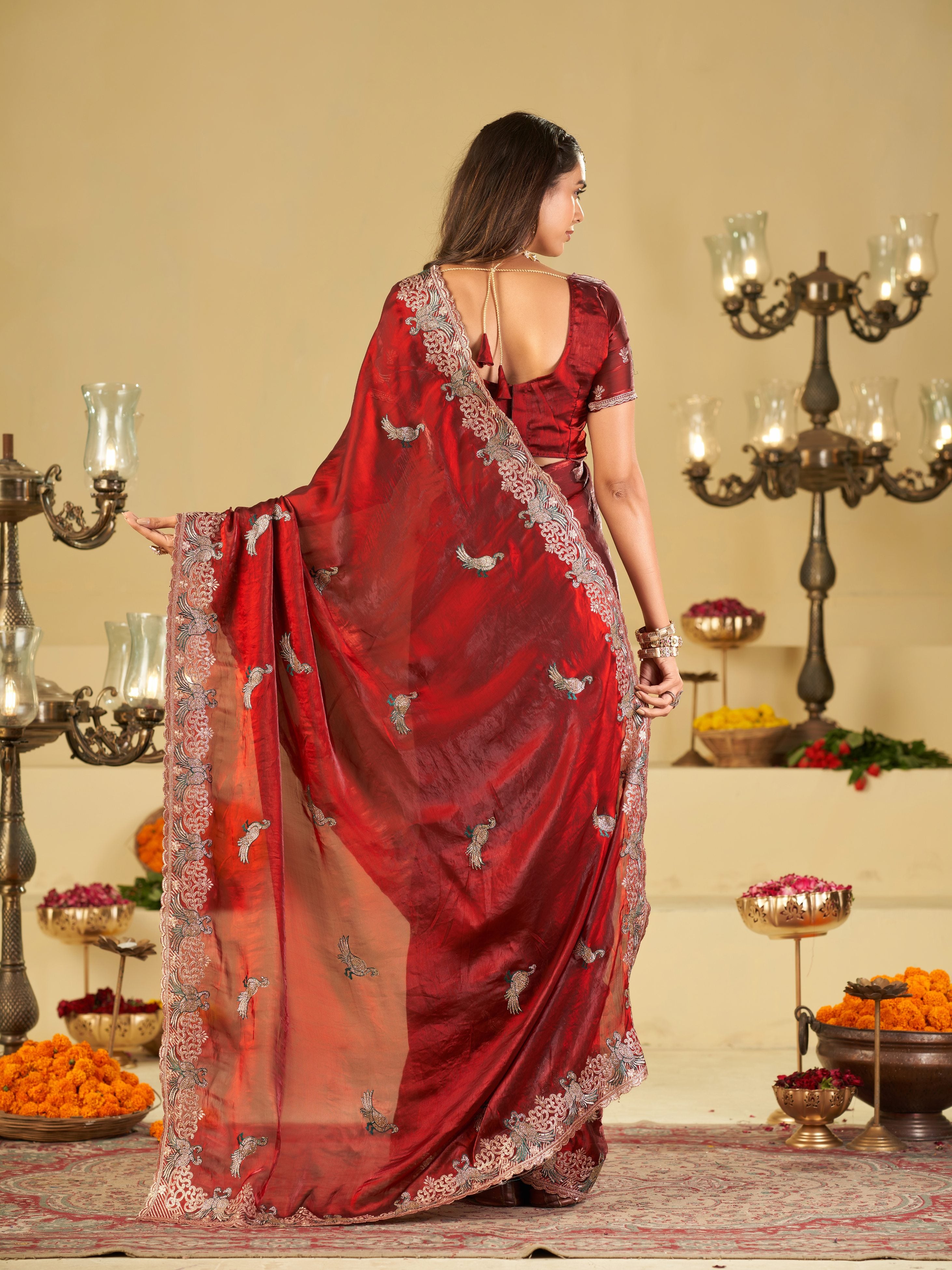 Wine Red Designer Fendy Satin Saree with Peacock Embroidery & Heavy Floral Embroidered Border | Premium Wedding Festive Wear Saree