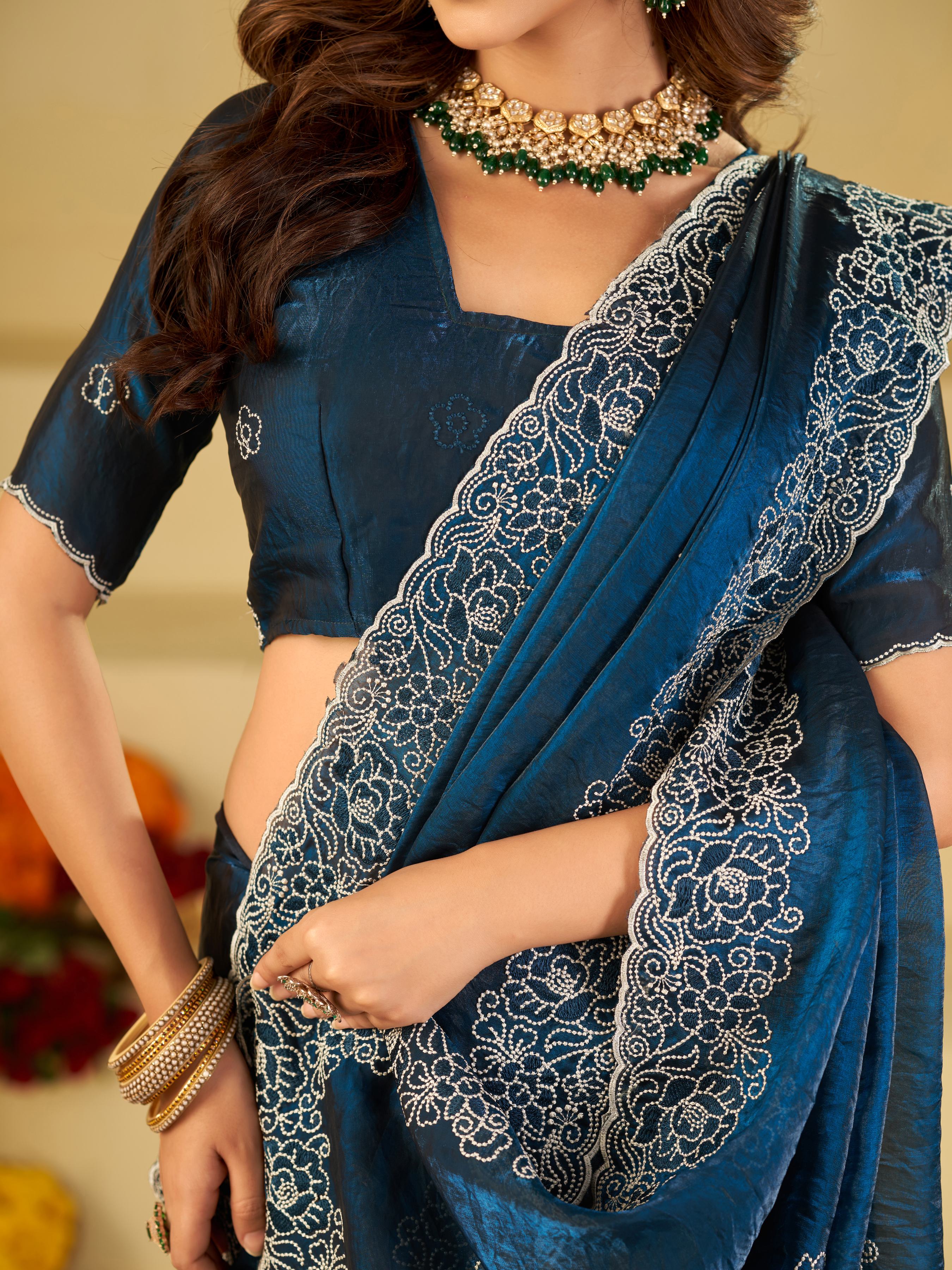 Royal Blue Fendy Satin Saree with White Floral Embroidery Border | Designer Party Wear Saree with Embroidered Blouse