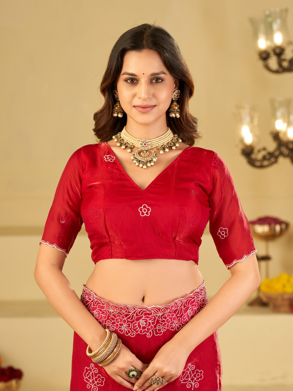 Bright Red Fendy Satin Saree with White Floral Embroidery Border | Designer Festive Party Wear Saree with Blouse