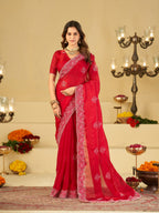 Bright Red Fendy Satin Saree with White Floral Embroidery Border | Designer Festive Party Wear Saree with Blouse
