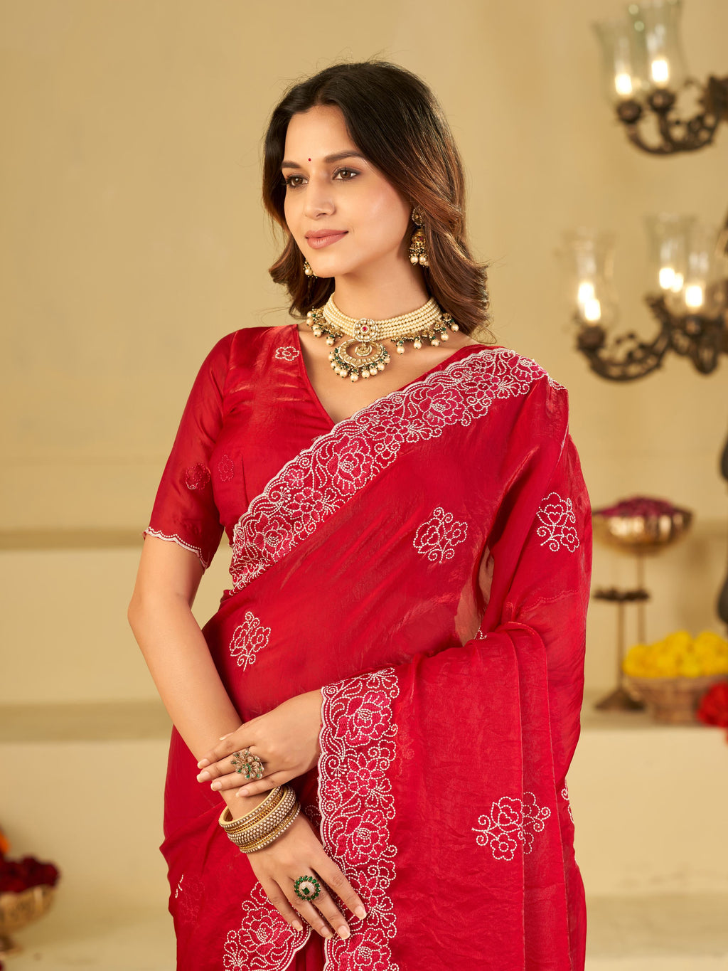 Bright Red Fendy Satin Saree with White Floral Embroidery Border | Designer Festive Party Wear Saree with Blouse