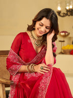 Bright Red Fendy Satin Saree with White Floral Embroidery Border | Designer Festive Party Wear Saree with Blouse