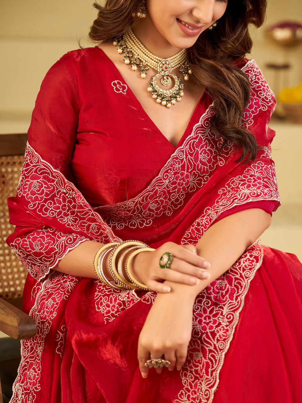 Bright Red Fendy Satin Saree with White Floral Embroidery Border | Designer Festive Party Wear Saree with Blouse