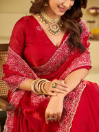 Bright Red Fendy Satin Saree with White Floral Embroidery Border | Designer Festive Party Wear Saree with Blouse