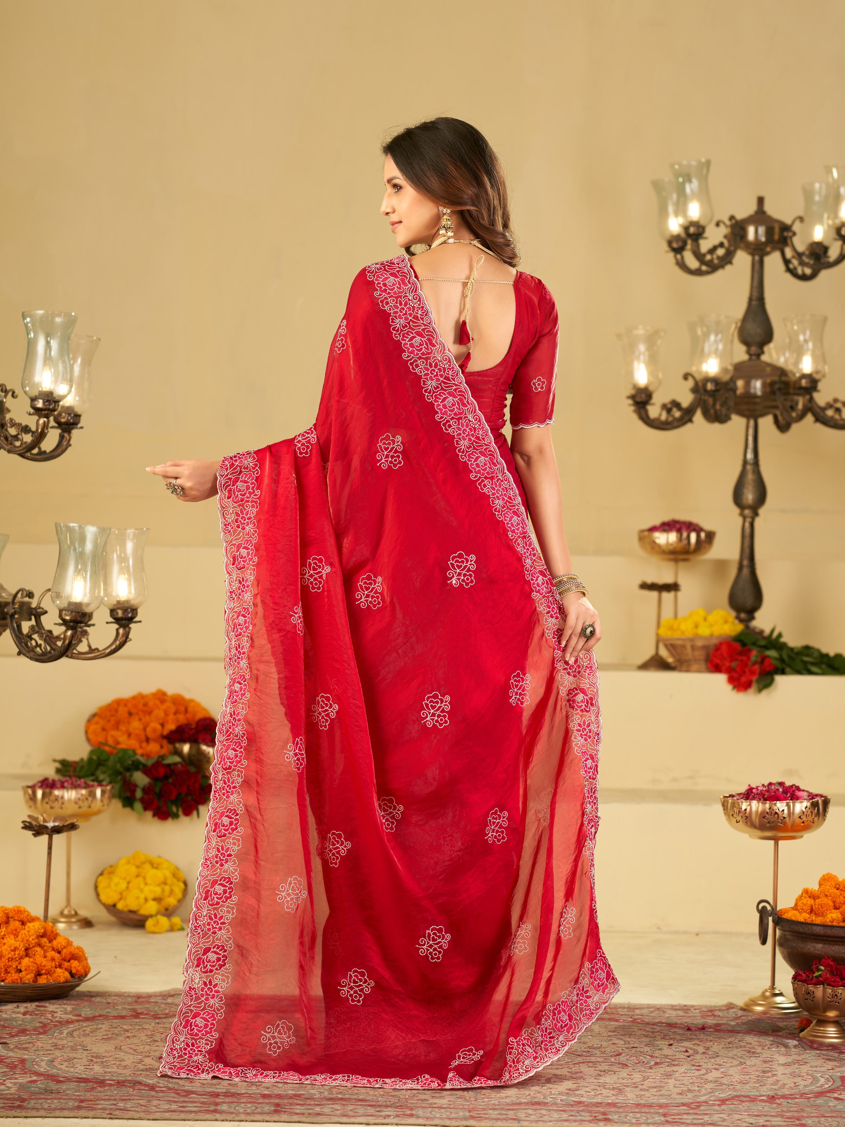 Bright Red Fendy Satin Saree with White Floral Embroidery Border | Designer Festive Party Wear Saree with Blouse