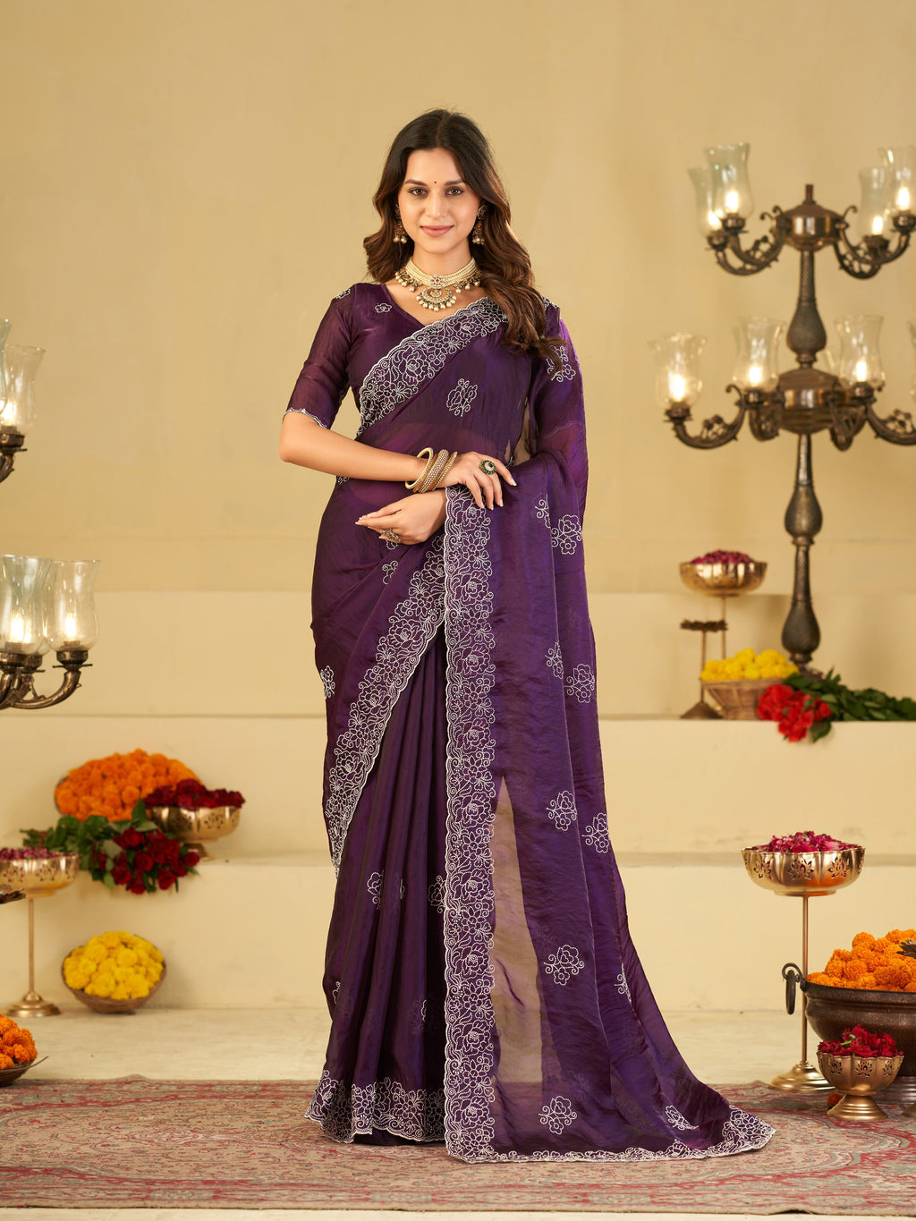 Royal Purple Fendy Satin Saree with White Floral Embroidery Border | Elegant Designer Party Wear Saree with Blouse