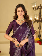 Royal Purple Fendy Satin Saree with White Floral Embroidery Border | Elegant Designer Party Wear Saree with Blouse