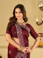 Wine Red Fendy Satin Saree with White Floral Embroidery Border | Designer Festive Wear Saree with Embroidered Blouse
