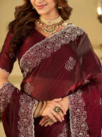 Wine Red Fendy Satin Saree with White Floral Embroidery Border | Designer Festive Wear Saree with Embroidered Blouse