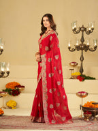 Rani Pink Designer Fendy Satin Saree with Heavy Embroidery Work | Premium Wedding Party Wear Saree with Embroidered Border & Blouse