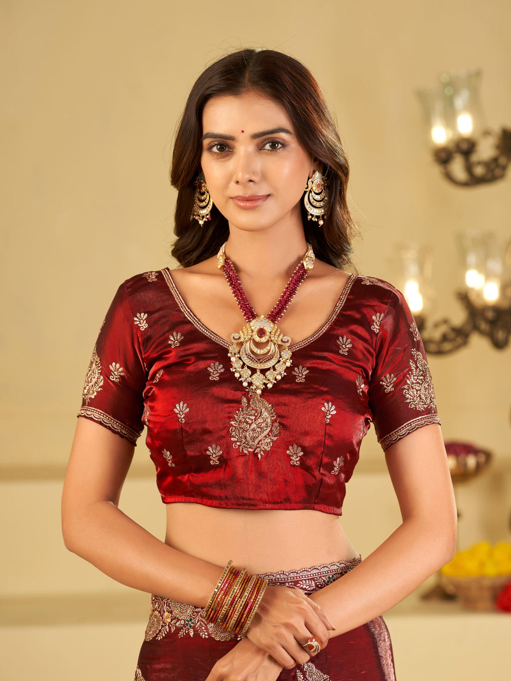 Wine Red Designer Fendy Satin Saree with Heavy Floral Embroidery Work | Premium Wedding & Festive Wear Embroidered Saree with Blouse