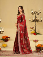 Wine Red Designer Fendy Satin Saree with Heavy Floral Embroidery Work | Premium Wedding & Festive Wear Embroidered Saree with Blouse