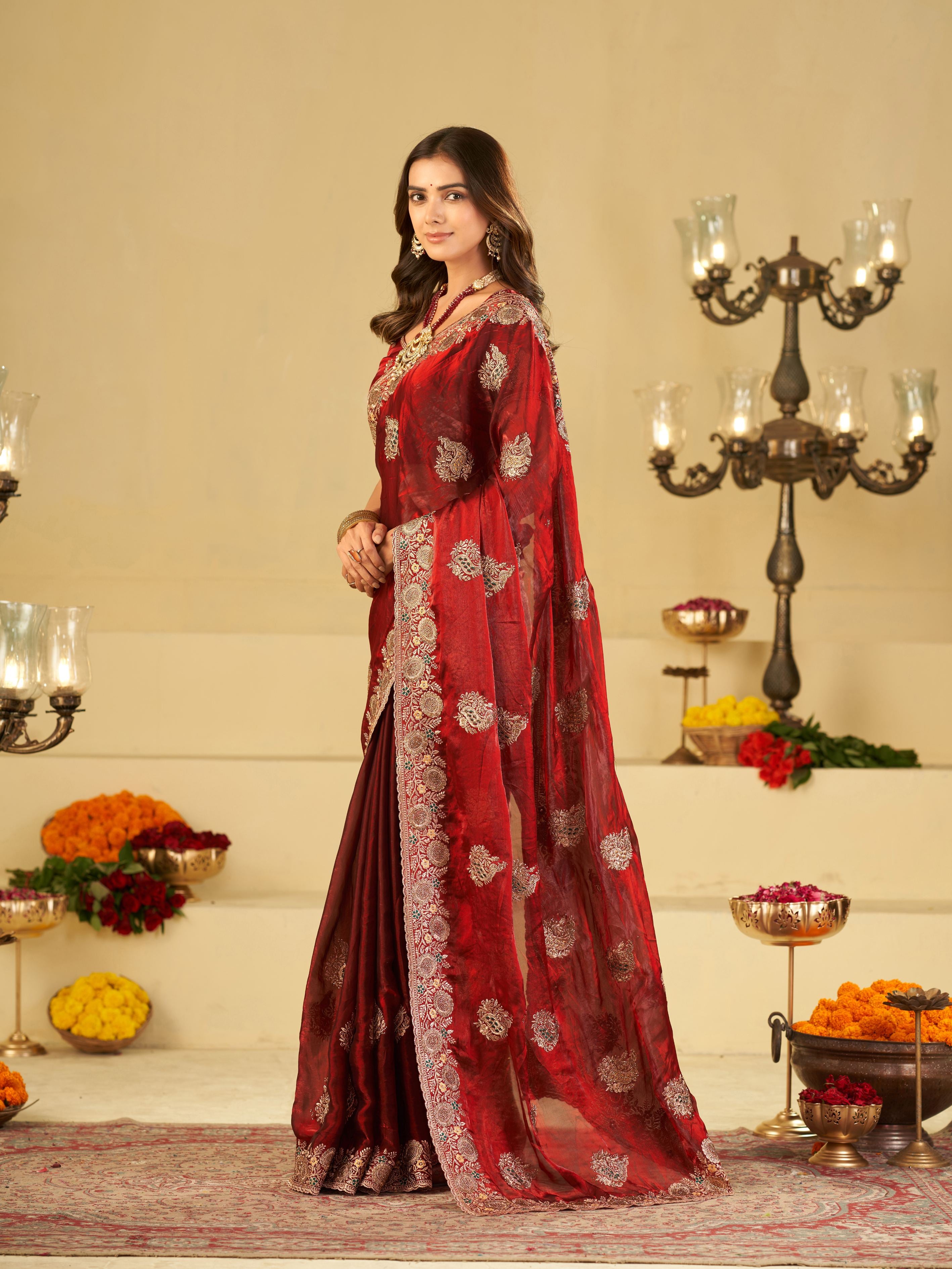 Wine Red Designer Fendy Satin Saree with Heavy Floral Embroidery Work | Premium Wedding & Festive Wear Embroidered Saree with Blouse