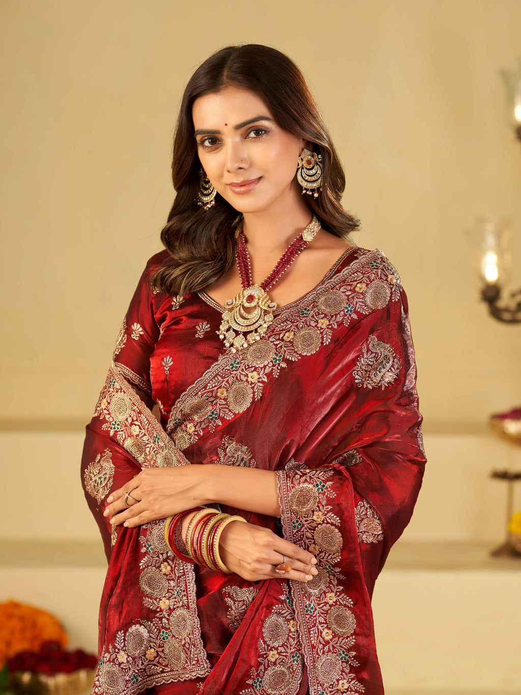 Wine Red Designer Fendy Satin Saree with Heavy Floral Embroidery Work | Premium Wedding & Festive Wear Embroidered Saree with Blouse
