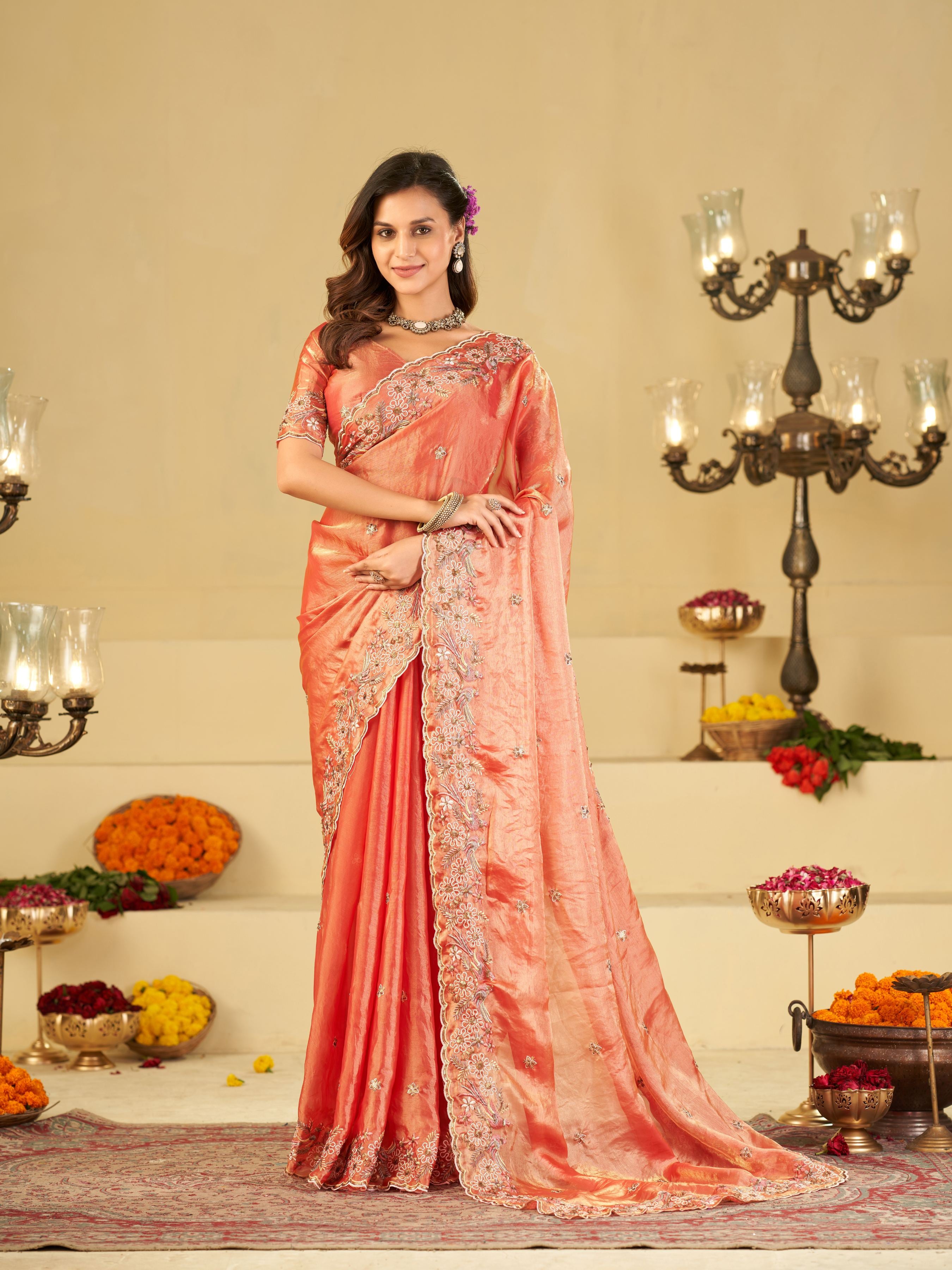 Peach Pink Fendy Satin Saree with Floral Embroidery Border | Designer Embroidered Party Wear Saree with Blouse