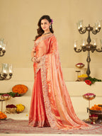 Peach Pink Fendy Satin Saree with Floral Embroidery Border | Designer Embroidered Party Wear Saree with Blouse