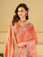 Peach Pink Fendy Satin Saree with Floral Embroidery Border | Designer Embroidered Party Wear Saree with Blouse