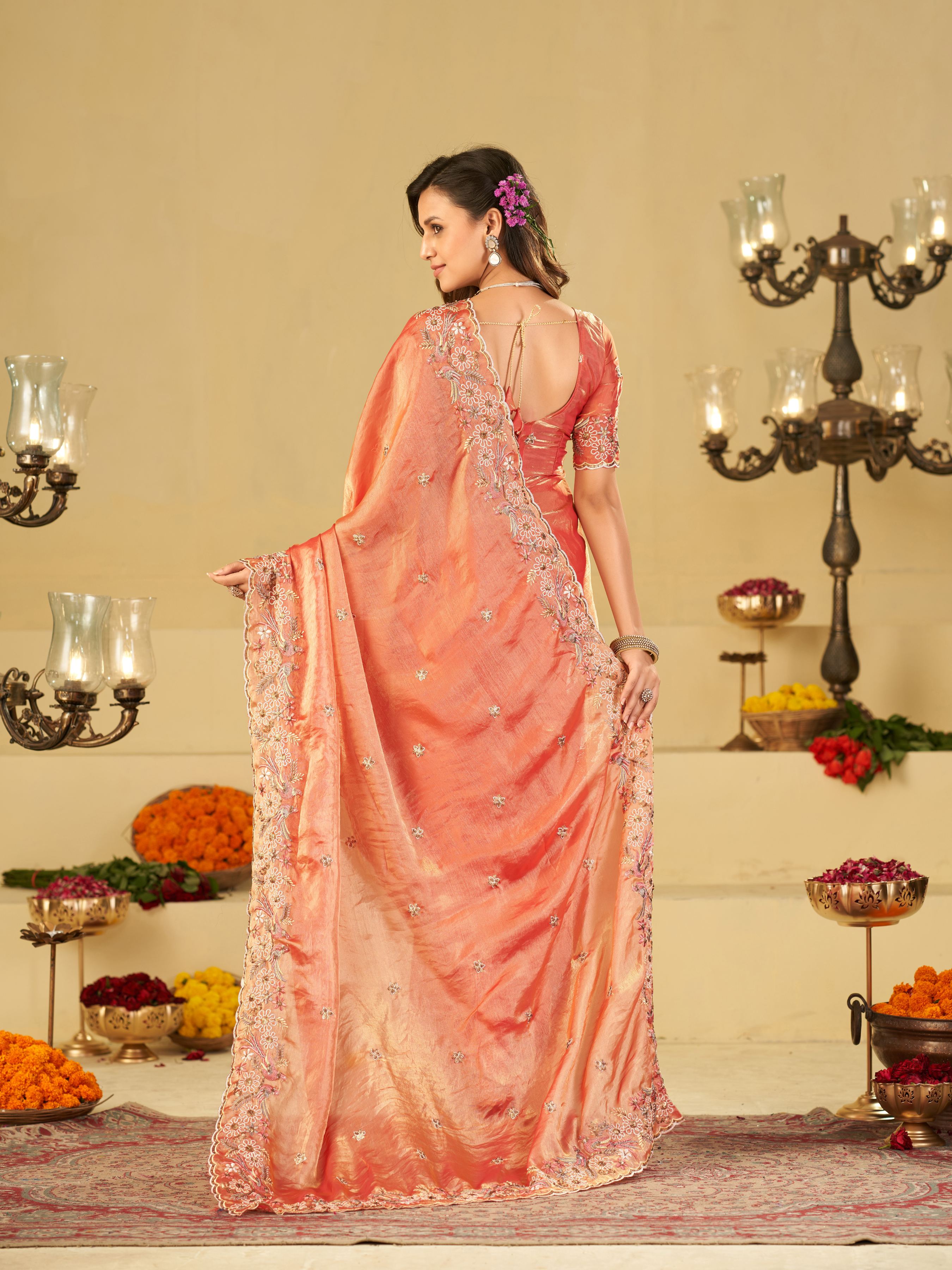 Peach Pink Fendy Satin Saree with Floral Embroidery Border | Designer Embroidered Party Wear Saree with Blouse
