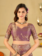 Lavender Purple Fendy Satin Saree with Floral Embroidery Border | Designer Party Wear Embroidered Saree with Blouse