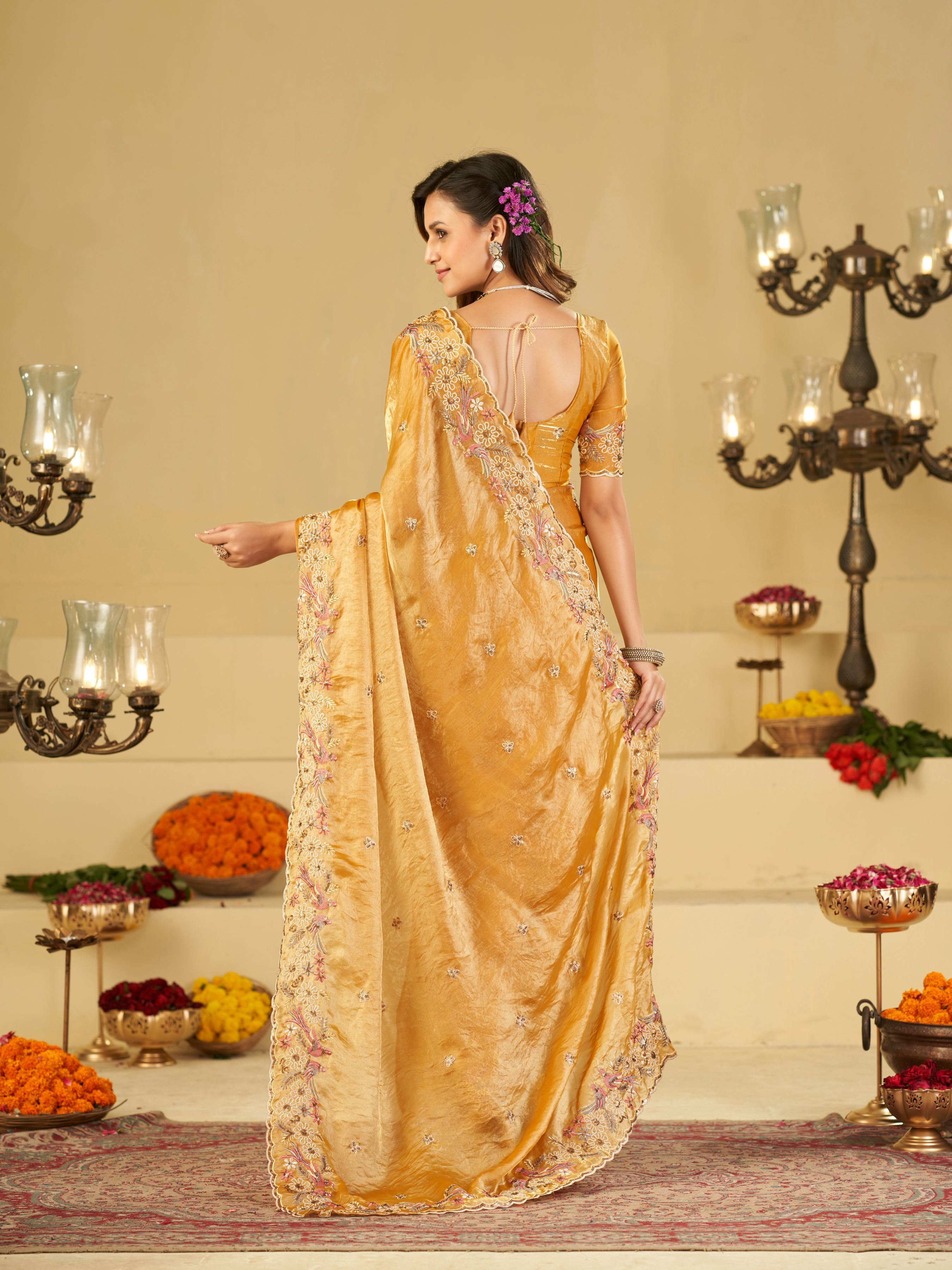 Mustard Yellow Fendy Satin Saree with Floral Embroidery Border | Designer Embroidered Party Wear Saree with Blouse
