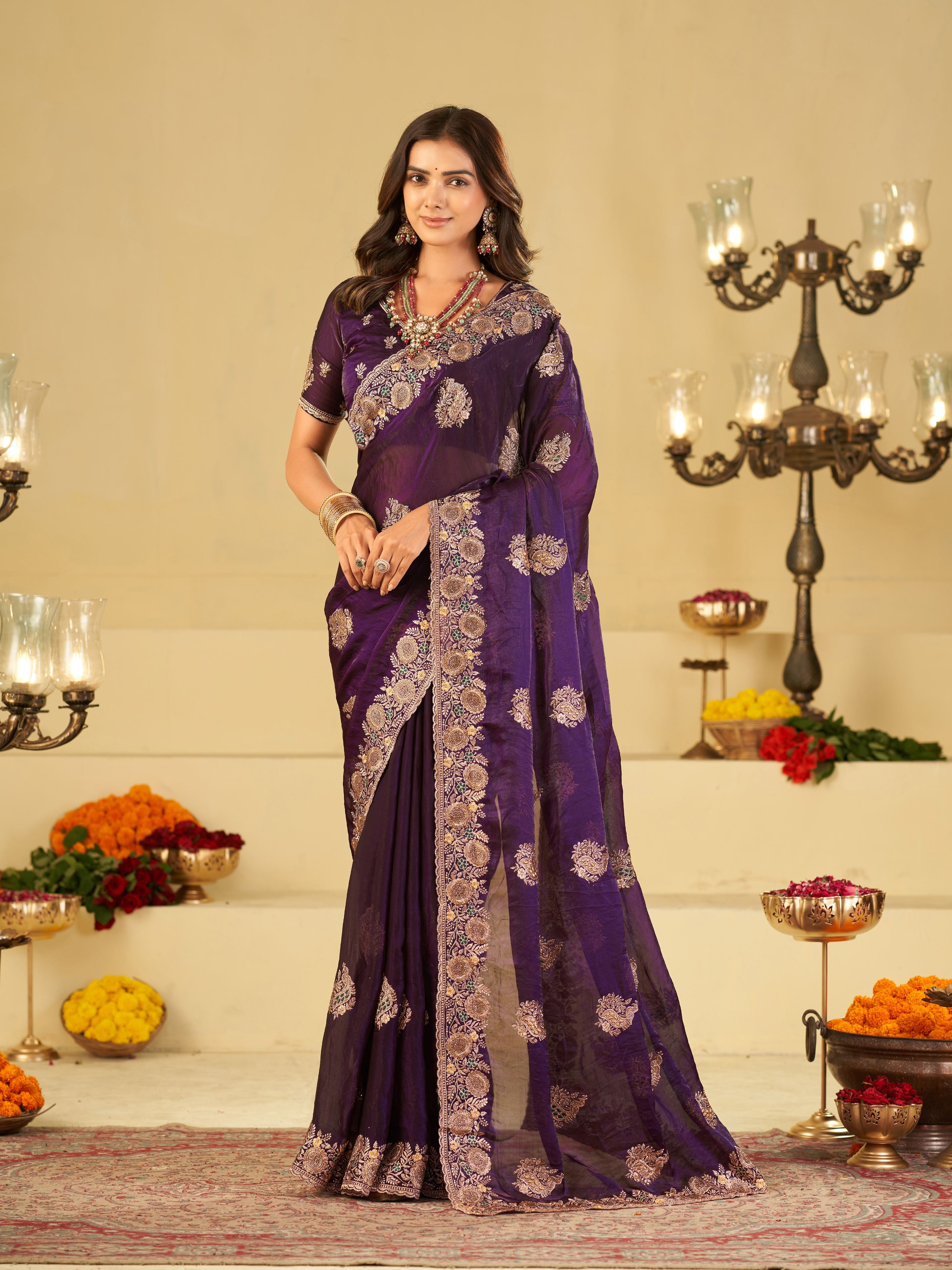 Royal Purple Designer Fendy Satin Saree with Heavy Floral Embroidery Work | Premium Wedding & Party Wear Embroidered Saree with Blouse