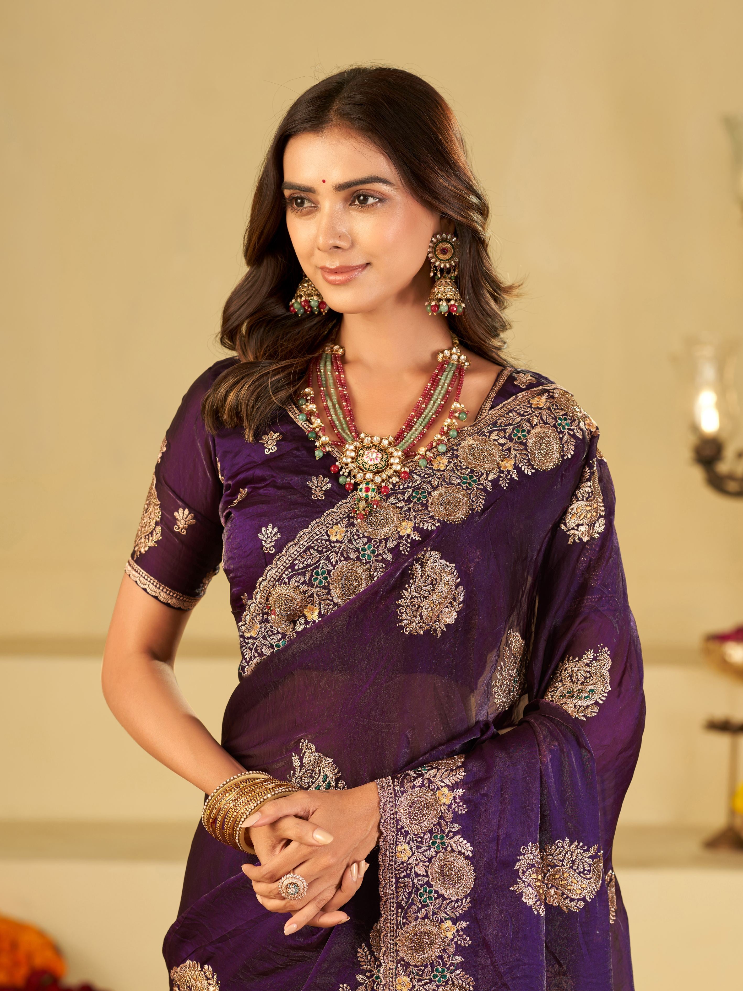 Royal Purple Designer Fendy Satin Saree with Heavy Floral Embroidery Work | Premium Wedding & Party Wear Embroidered Saree with Blouse