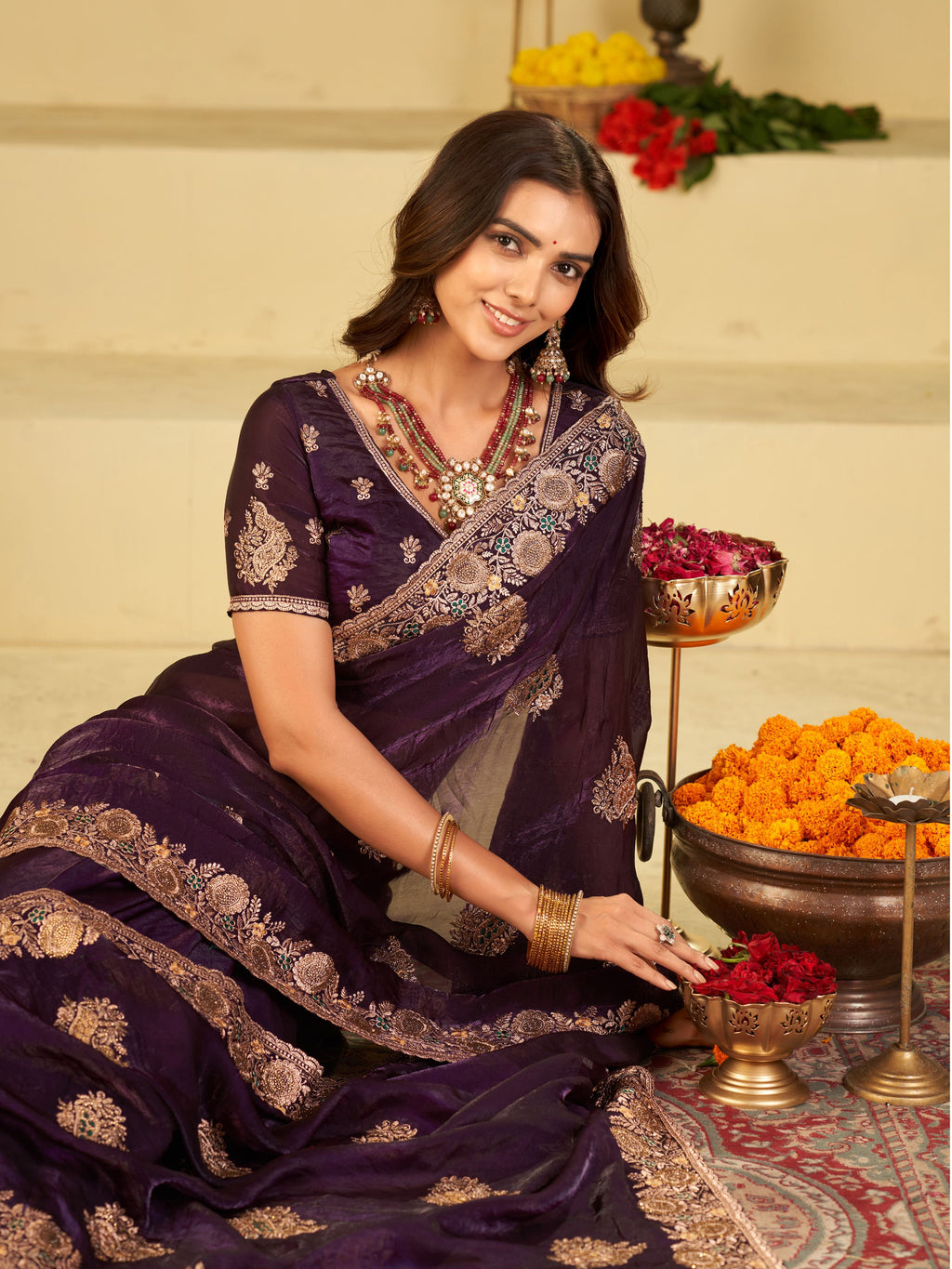 Royal Purple Designer Fendy Satin Saree with Heavy Floral Embroidery Work | Premium Wedding & Party Wear Embroidered Saree with Blouse