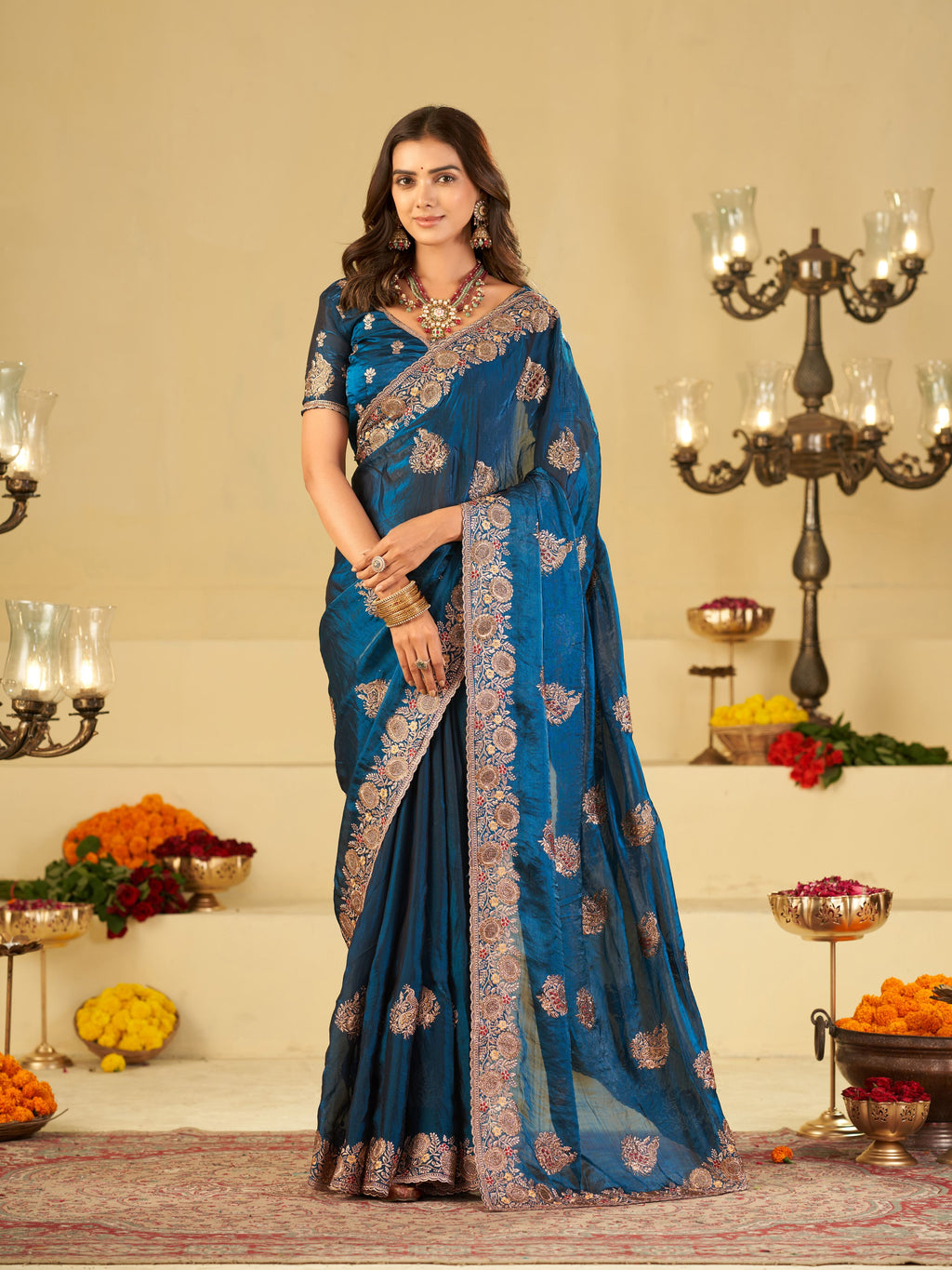 Royal Blue Designer Fendy Satin Saree with Heavy Floral Embroidery Work | Premium Party Wear Wedding Saree with Embroidered Border & Blouse