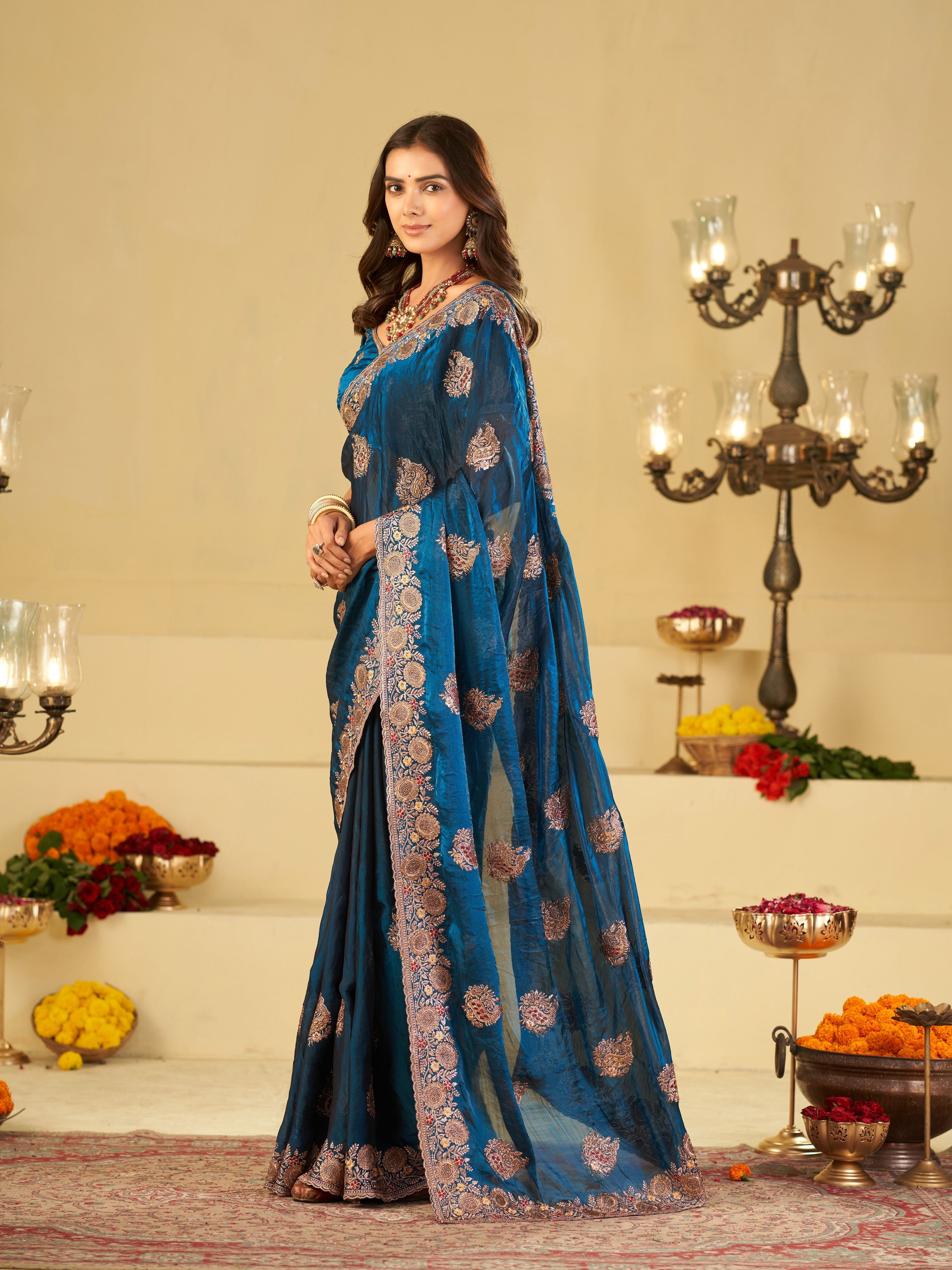 Royal Blue Designer Fendy Satin Saree with Heavy Floral Embroidery Work | Premium Party Wear Wedding Saree with Embroidered Border & Blouse
