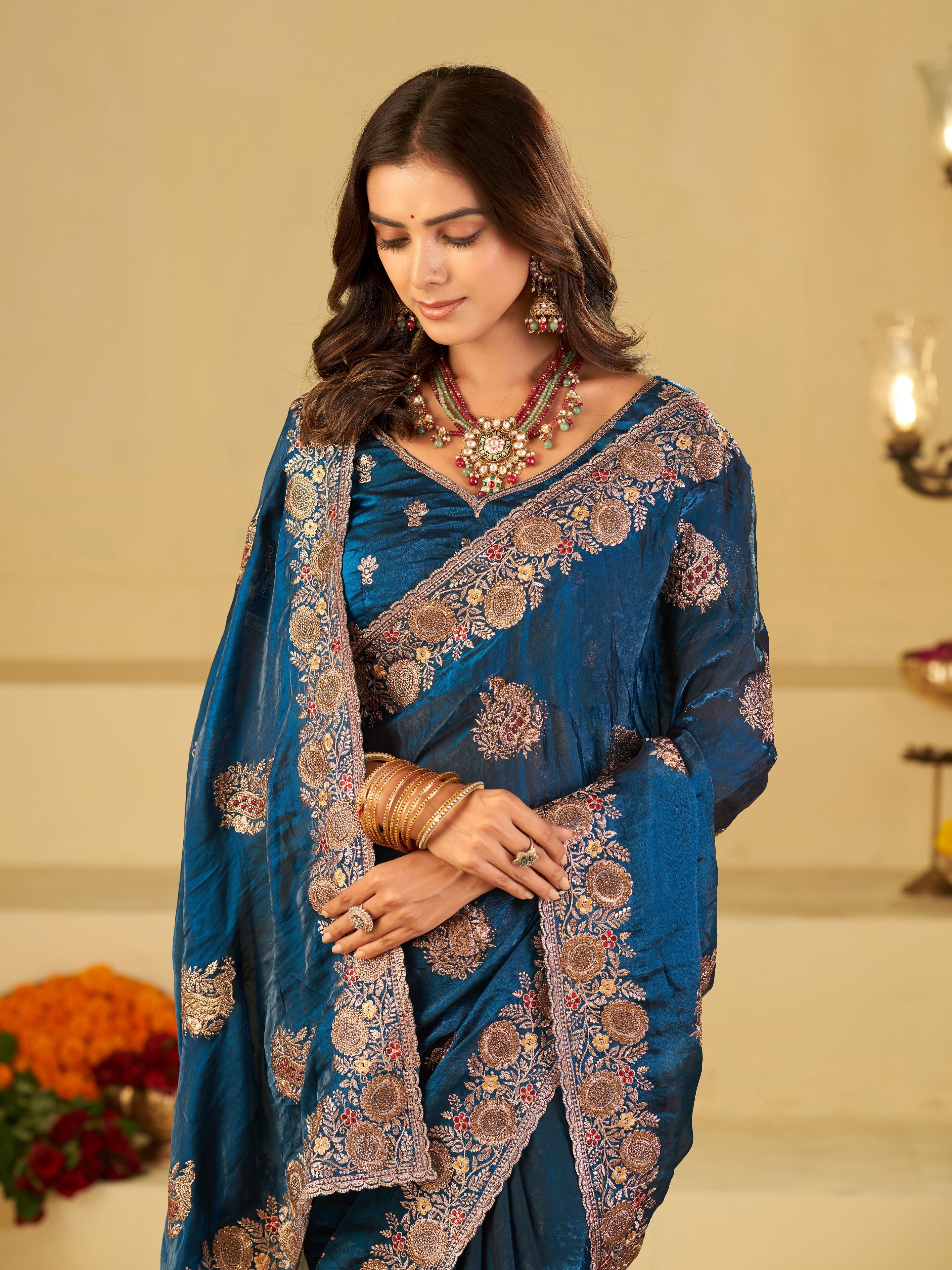 Royal Blue Designer Fendy Satin Saree with Heavy Floral Embroidery Work | Premium Party Wear Wedding Saree with Embroidered Border & Blouse