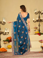 Royal Blue Designer Fendy Satin Saree with Heavy Floral Embroidery Work | Premium Party Wear Wedding Saree with Embroidered Border & Blouse