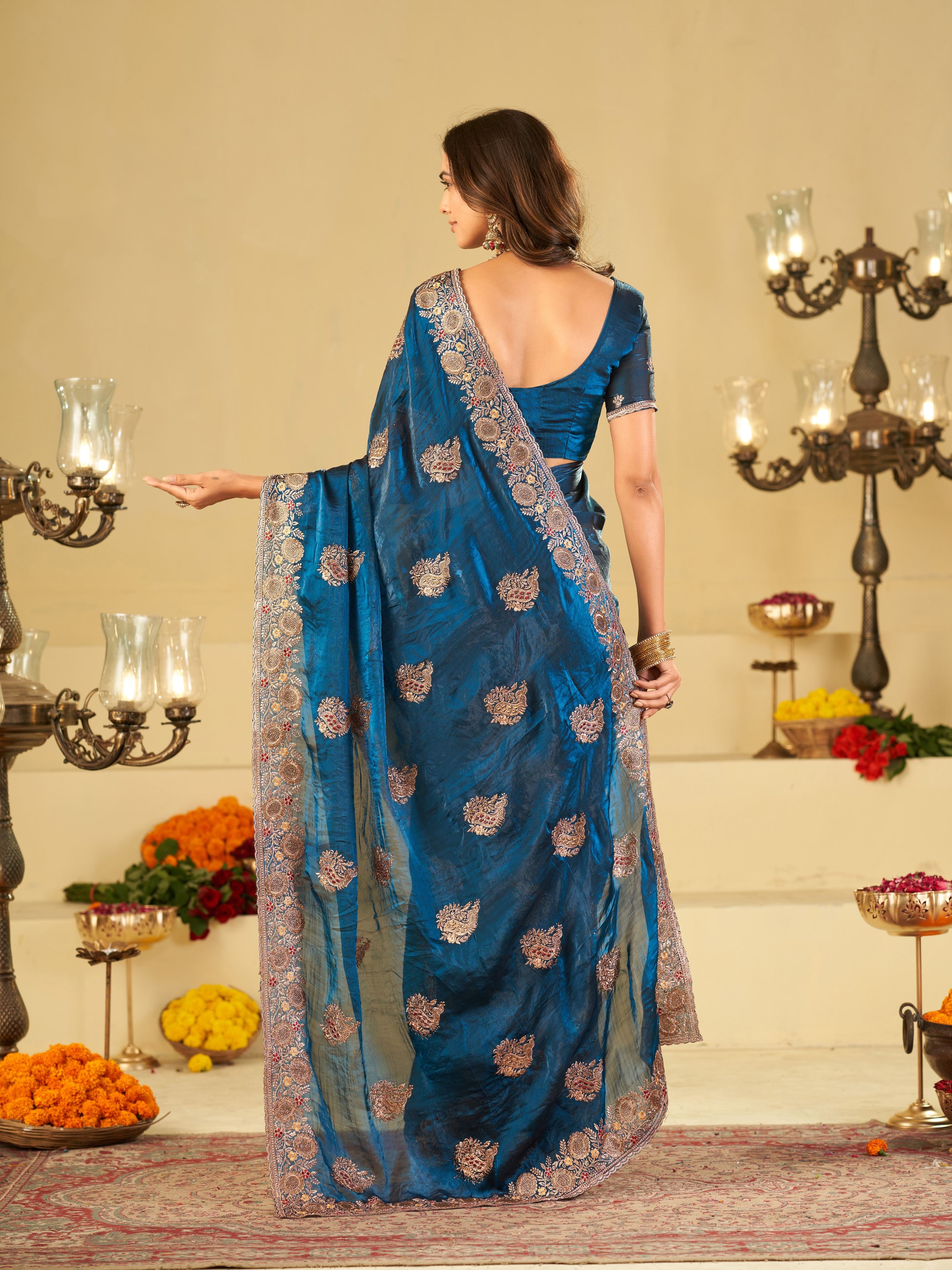 Royal Blue Designer Fendy Satin Saree with Heavy Floral Embroidery Work | Premium Party Wear Wedding Saree with Embroidered Border & Blouse