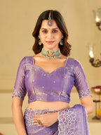 Lavender Fendy Satin Saree with White Floral Embroidery Border | Elegant Designer Party Wear Saree with Blouse