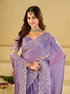 Lavender Fendy Satin Saree with White Floral Embroidery Border | Elegant Designer Party Wear Saree with Blouse